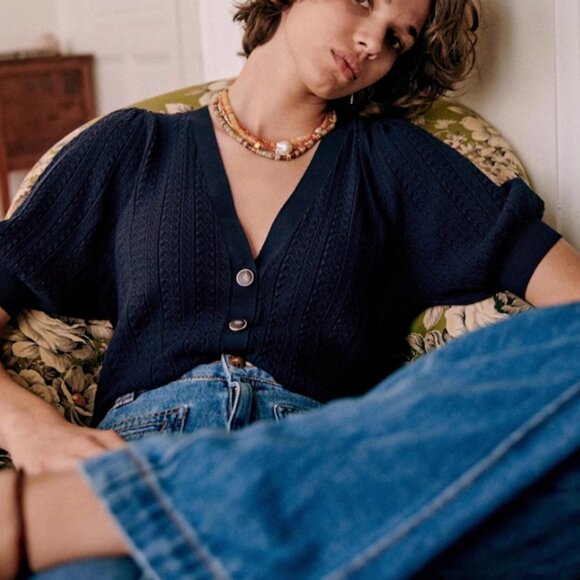 NEW Sezane Lola Jumper - Navy Blue French Cardigan Sweater Causal - Picture 3 of 9